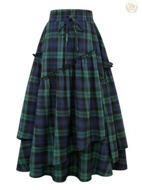 Womens High Waisted Plaid Maxi Skirt Flowy A-Line Renaissance Long Skirt